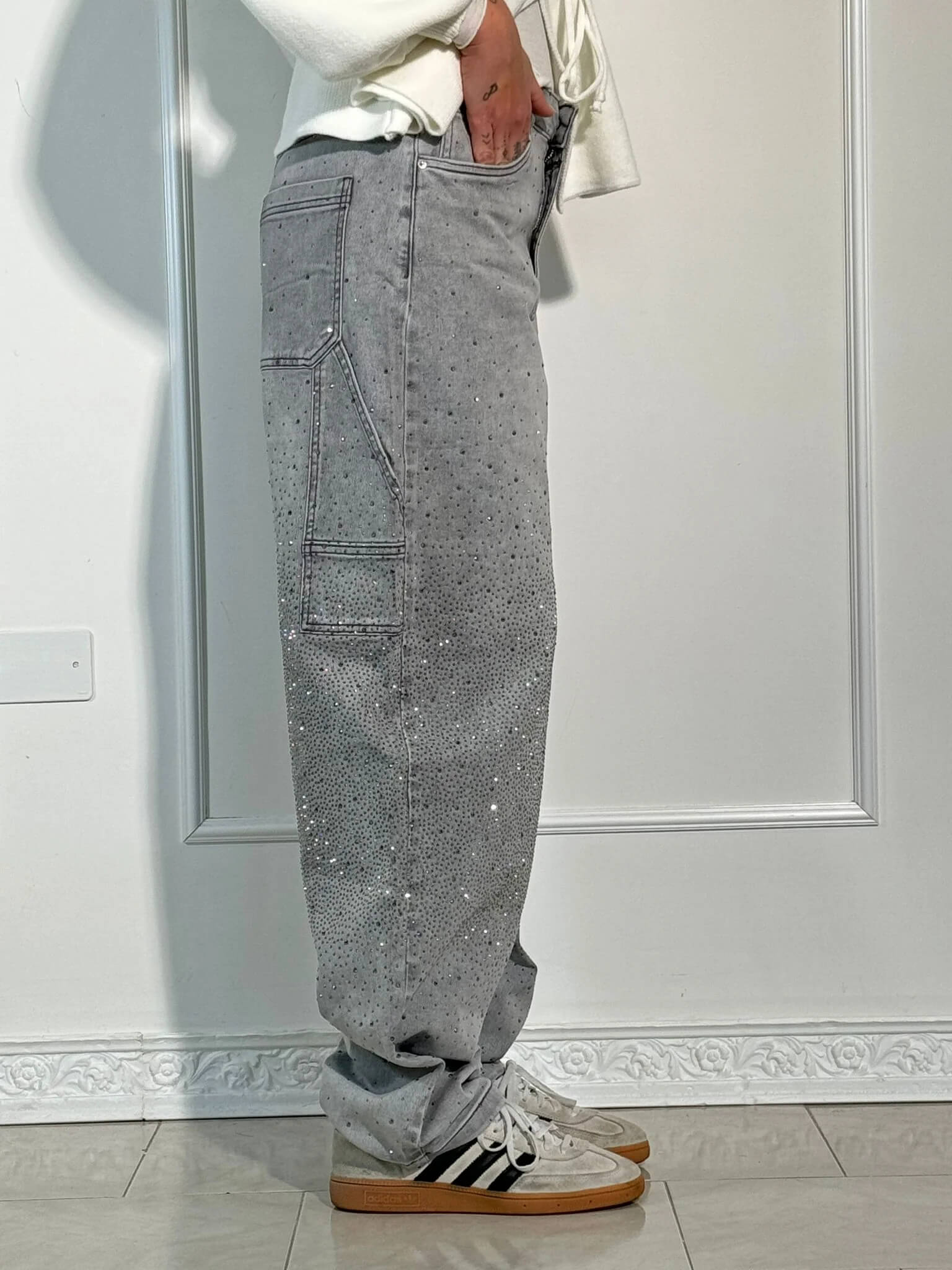 Women’s Paint-Splatter Straight Leg Jeans – Dark Blue High-Waist Denim
