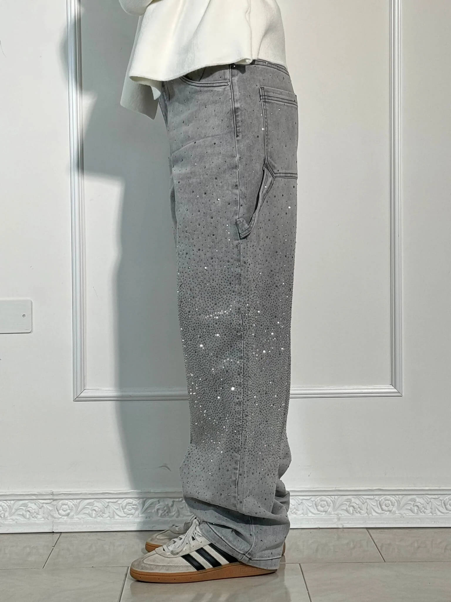 Women’s Paint-Splatter Straight Leg Jeans – Dark Blue High-Waist Denim