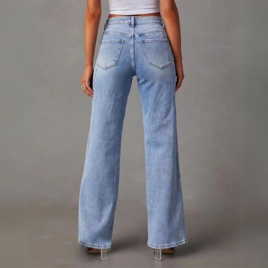 Women’s High-Waist Seam-Detail Jeans – Light Blue Wide-Leg Denim