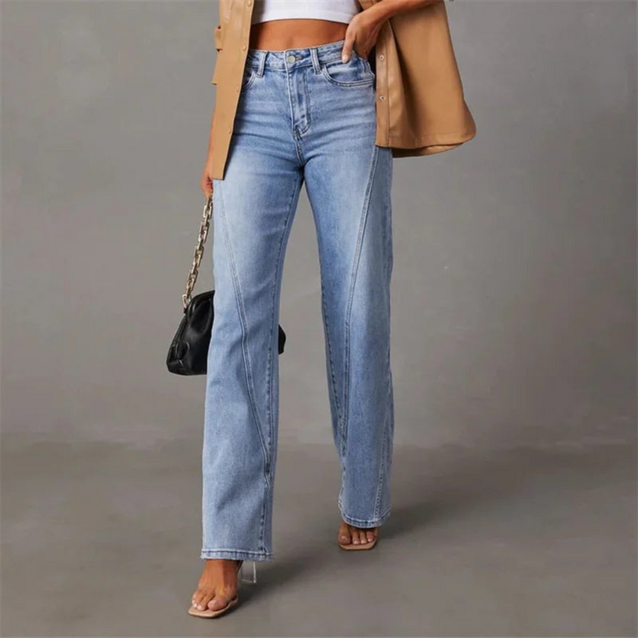 Women’s High-Waist Seam-Detail Jeans – Light Blue Wide-Leg Denim