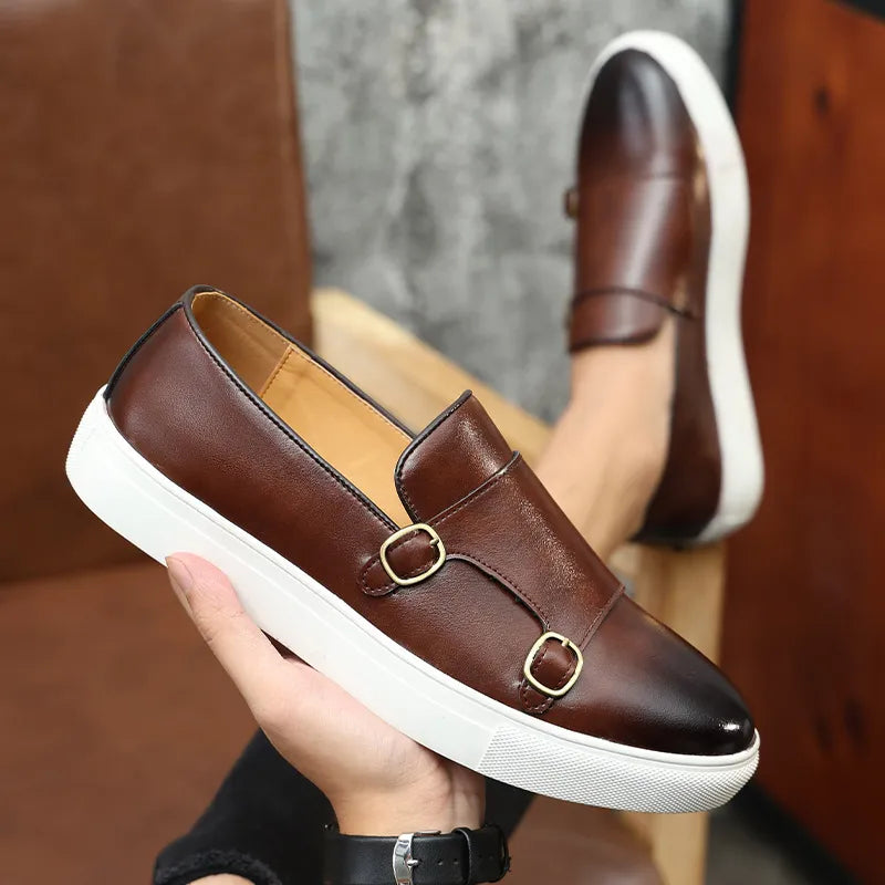 Men’s Luxury Leather Loafers – Double Buckle & White Sole Design