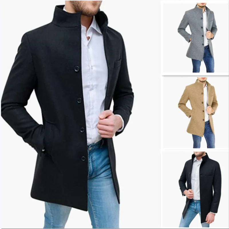 Men’s Slim Fit High-Neck Wool Blend Coat – Classic Camel Overcoat