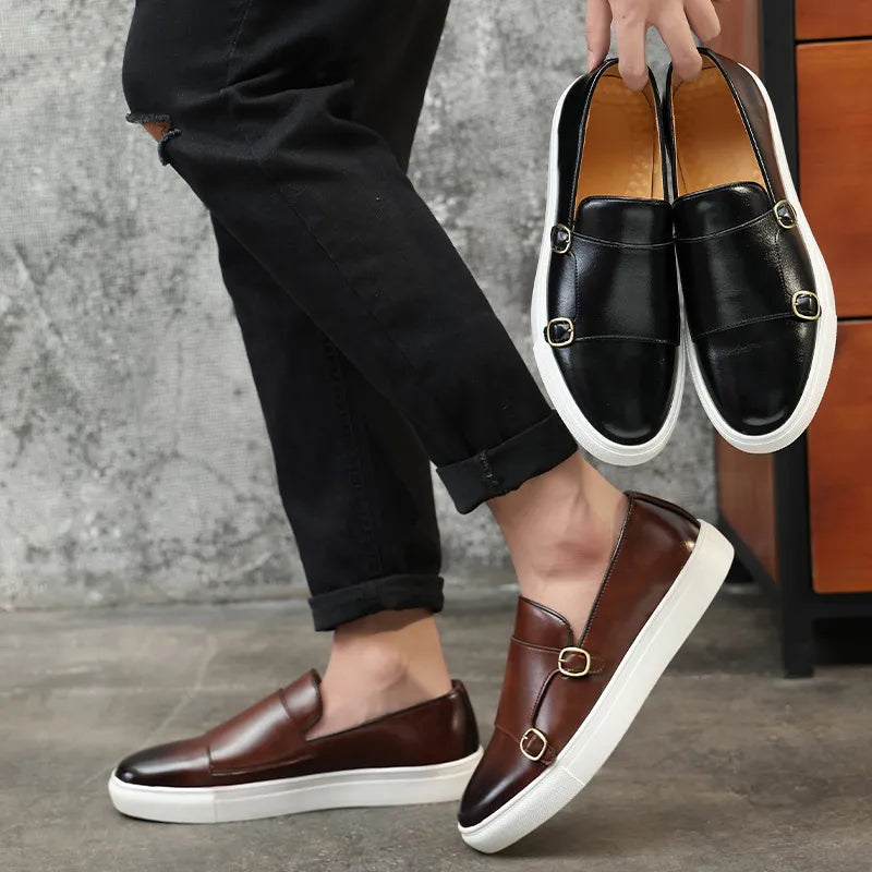 Men’s Luxury Leather Loafers – Double Buckle & White Sole Design
