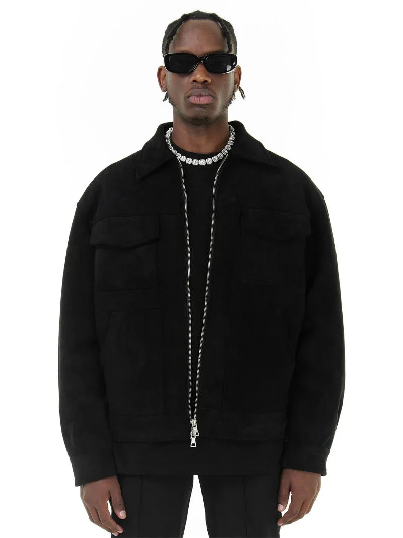Men’s Premium Suede Cargo Jacket – Modern Grey Streetwear