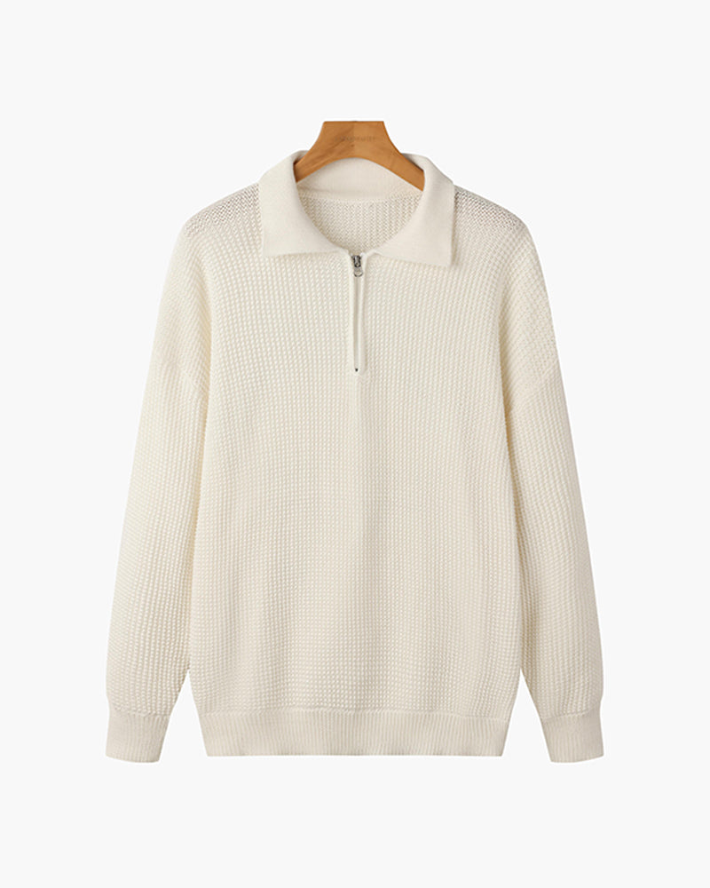 Men’s Half-Zip Polo Knit Sweater – Premium Textured Cotton Blend