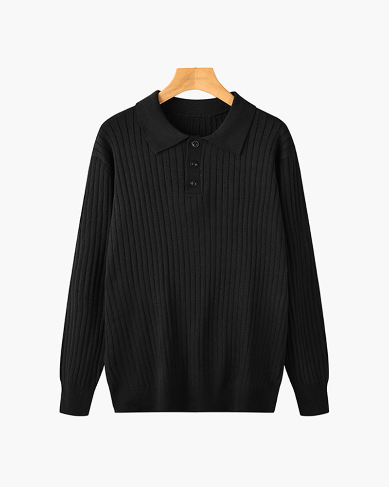 Men’s Ribbed Knit Polo – Slim Fit Long Sleeve Smart Casual Shirt