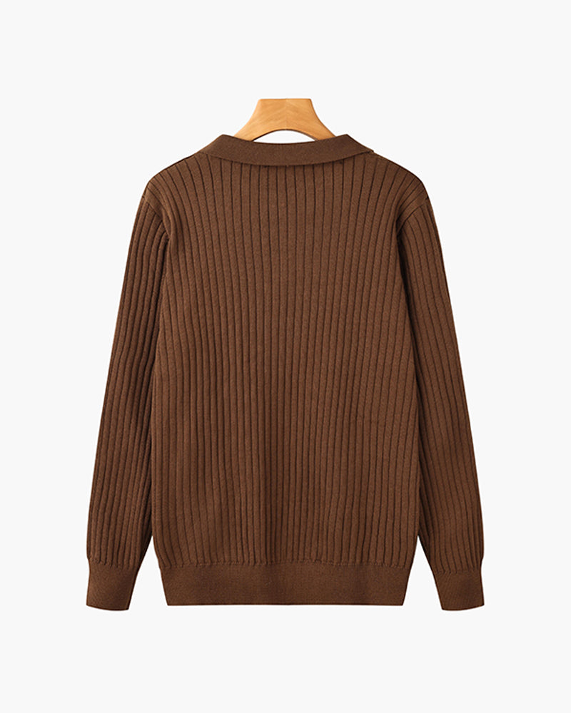Men’s Ribbed Knit Polo – Slim Fit Long Sleeve Smart Casual Shirt