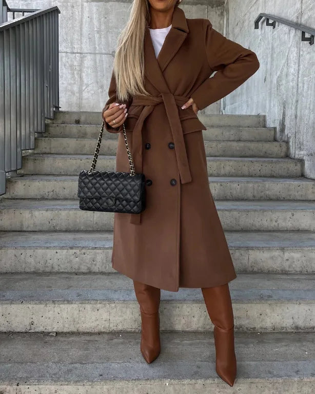 Women's Double-Breasted Winter Coat with Waist Belt and Classic Fit