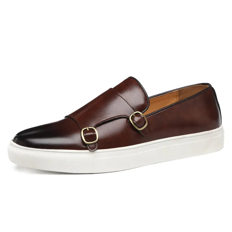Men’s Luxury Leather Loafers – Double Buckle & White Sole Design