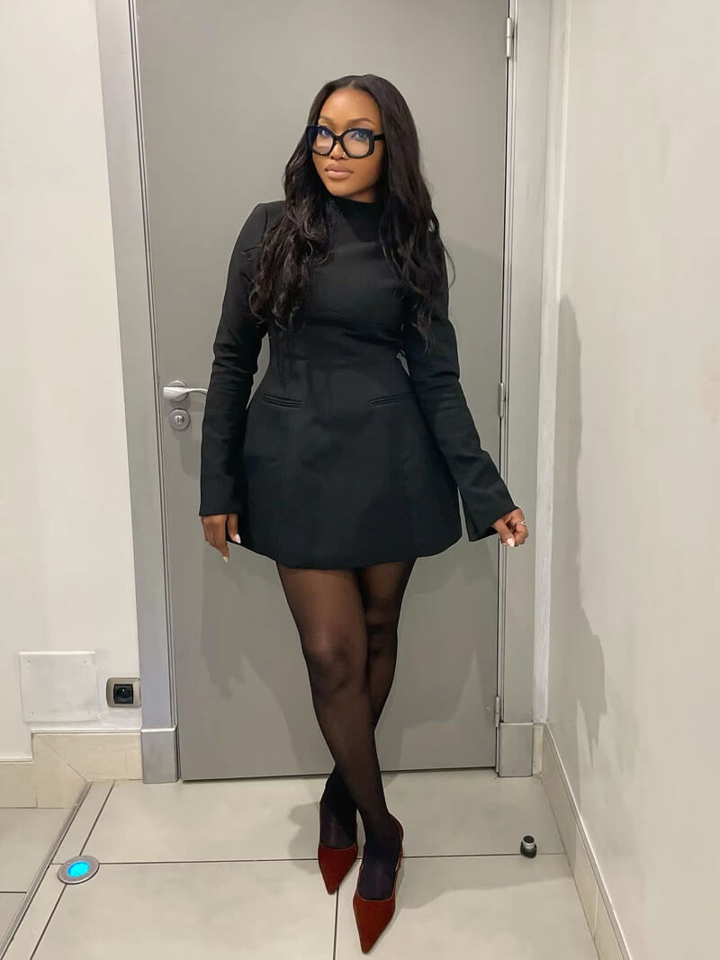 SculptedFlare High-Neck Long Sleeve Mini Dress – Women’s Black Dress