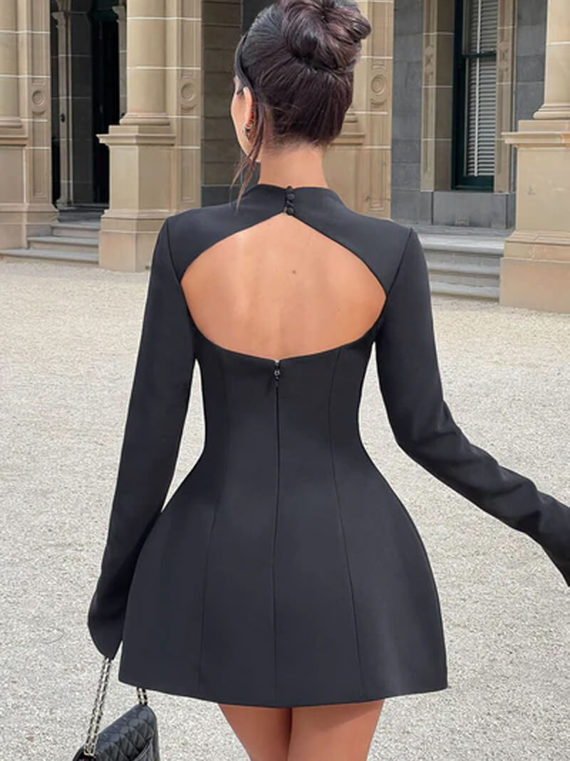 SculptedFlare High-Neck Long Sleeve Mini Dress – Women’s Black Dress