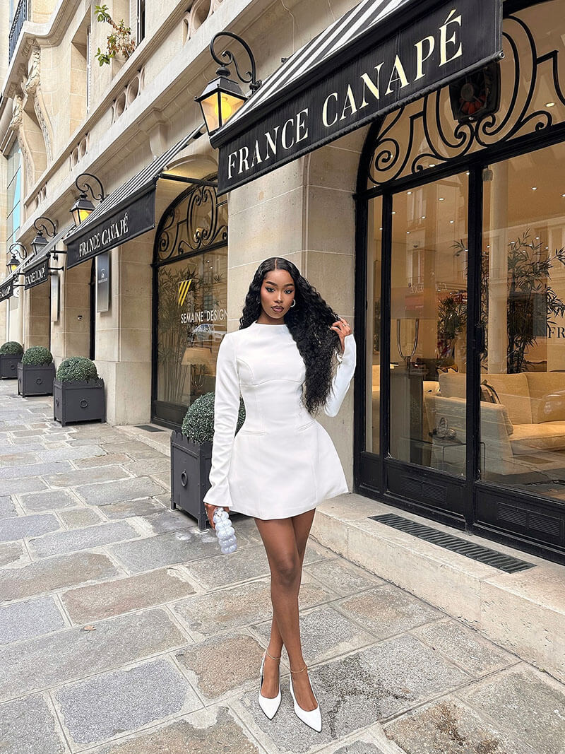 SculptedFlare High-Neck Long Sleeve Mini Dress – Women’s Black Dress
