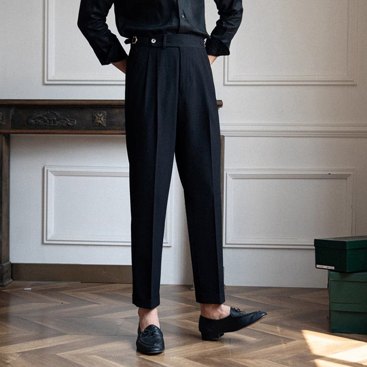 Men's High Waisted Work Trousers Pleated Ankle Length Classic Fit