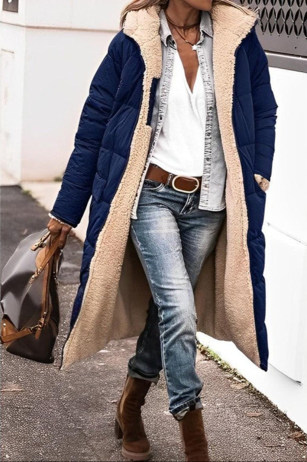 Women's Long Reversible Winter Coat With Hood And Teddy Lining
