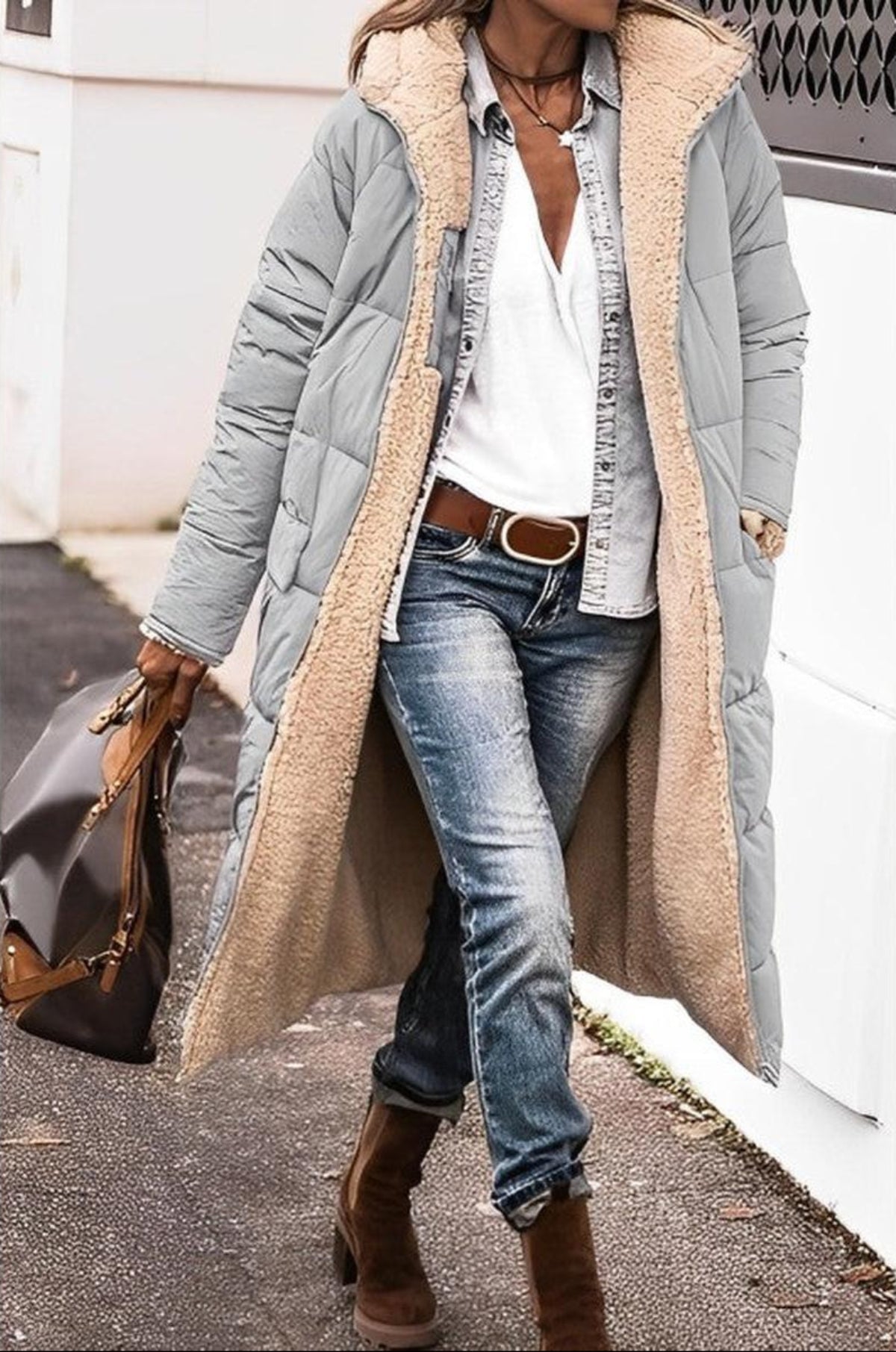Women's Long Reversible Winter Coat With Hood And Teddy Lining