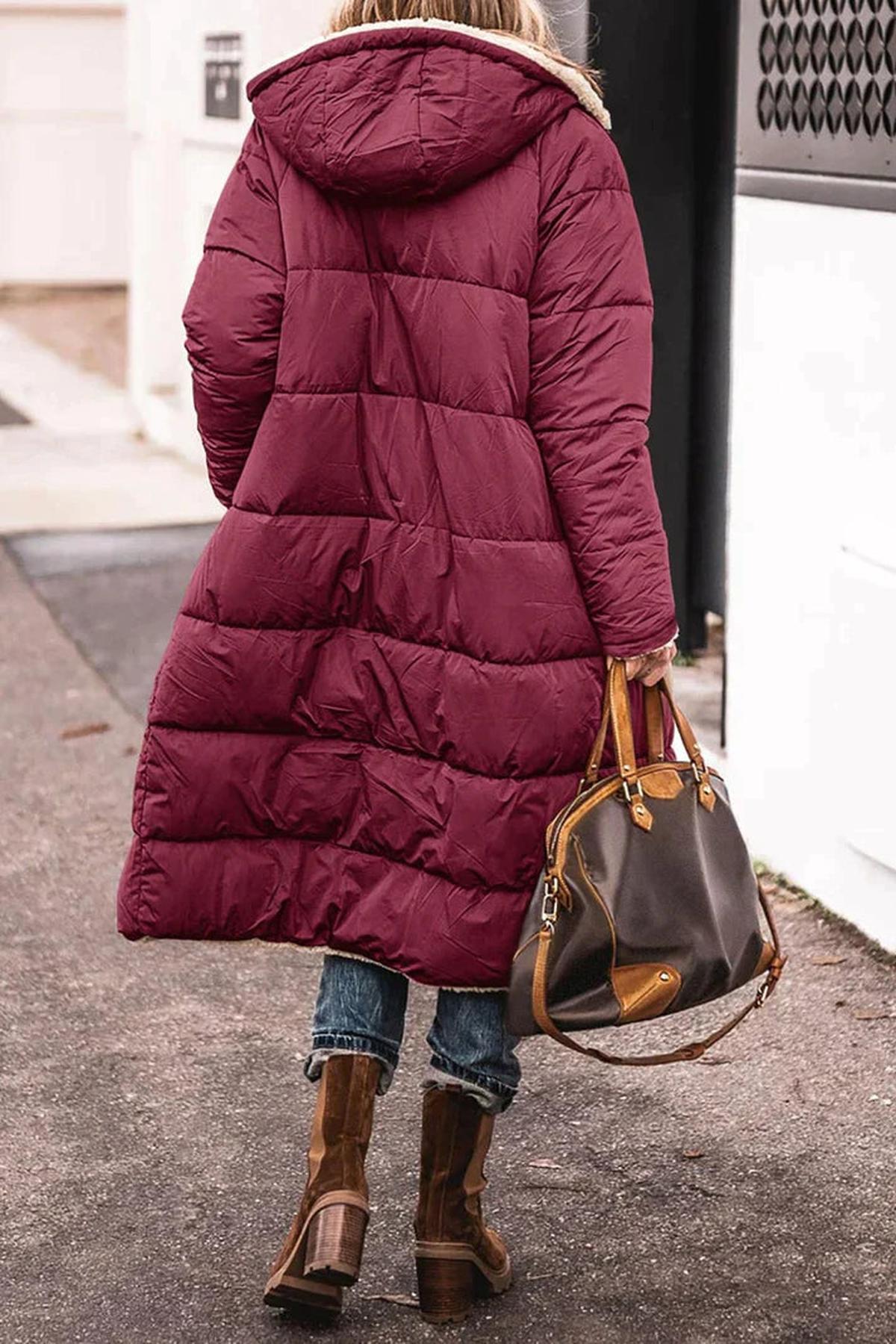Women's Long Reversible Winter Coat With Hood And Teddy Lining