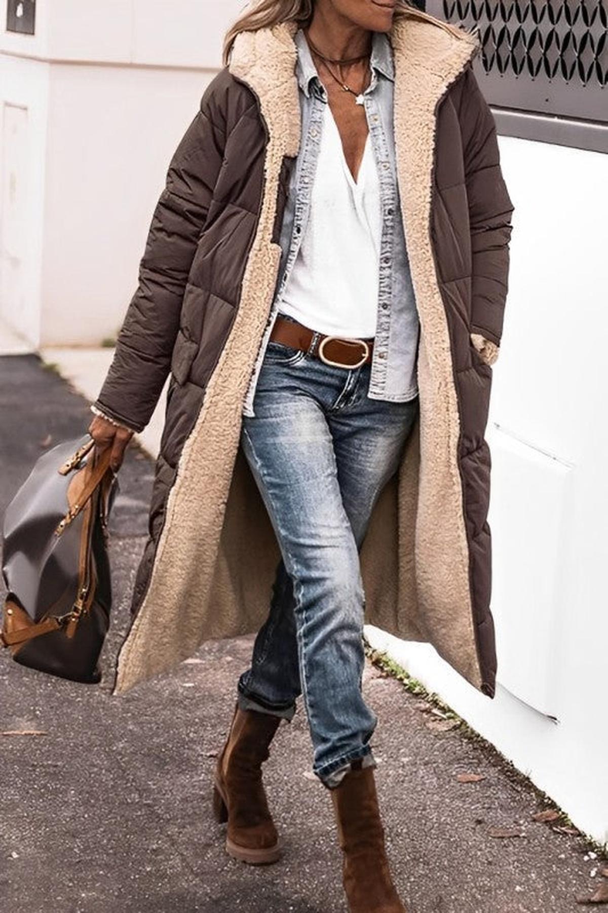 Women's Long Reversible Winter Coat With Hood And Teddy Lining
