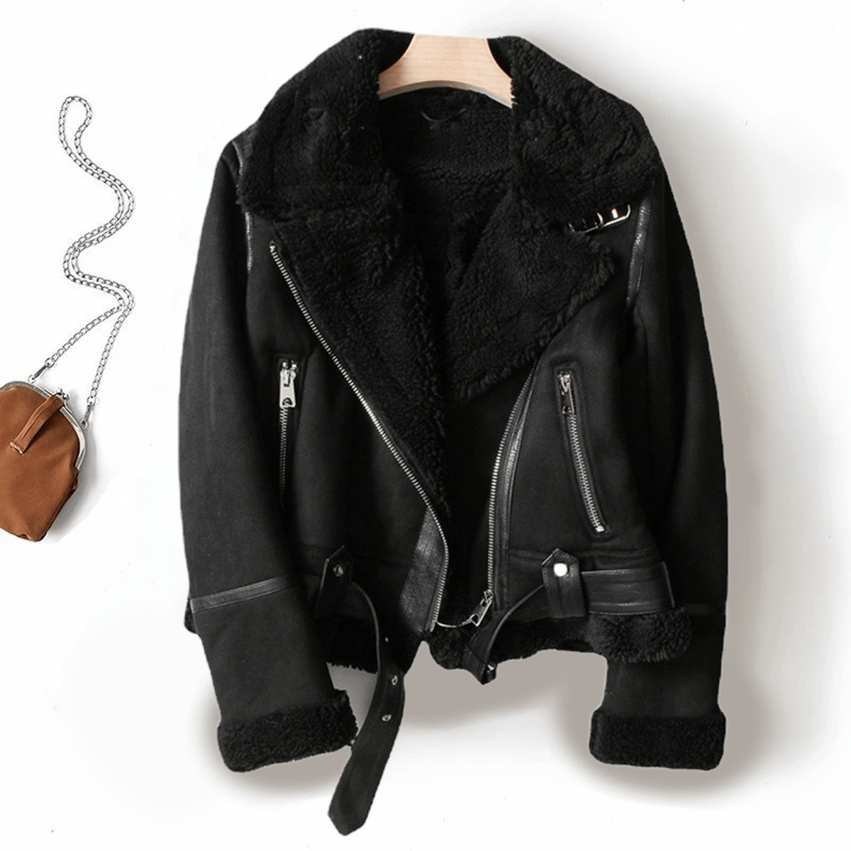 Women's Sherpa Lined Leather Jacket With Ribbed Cuffs