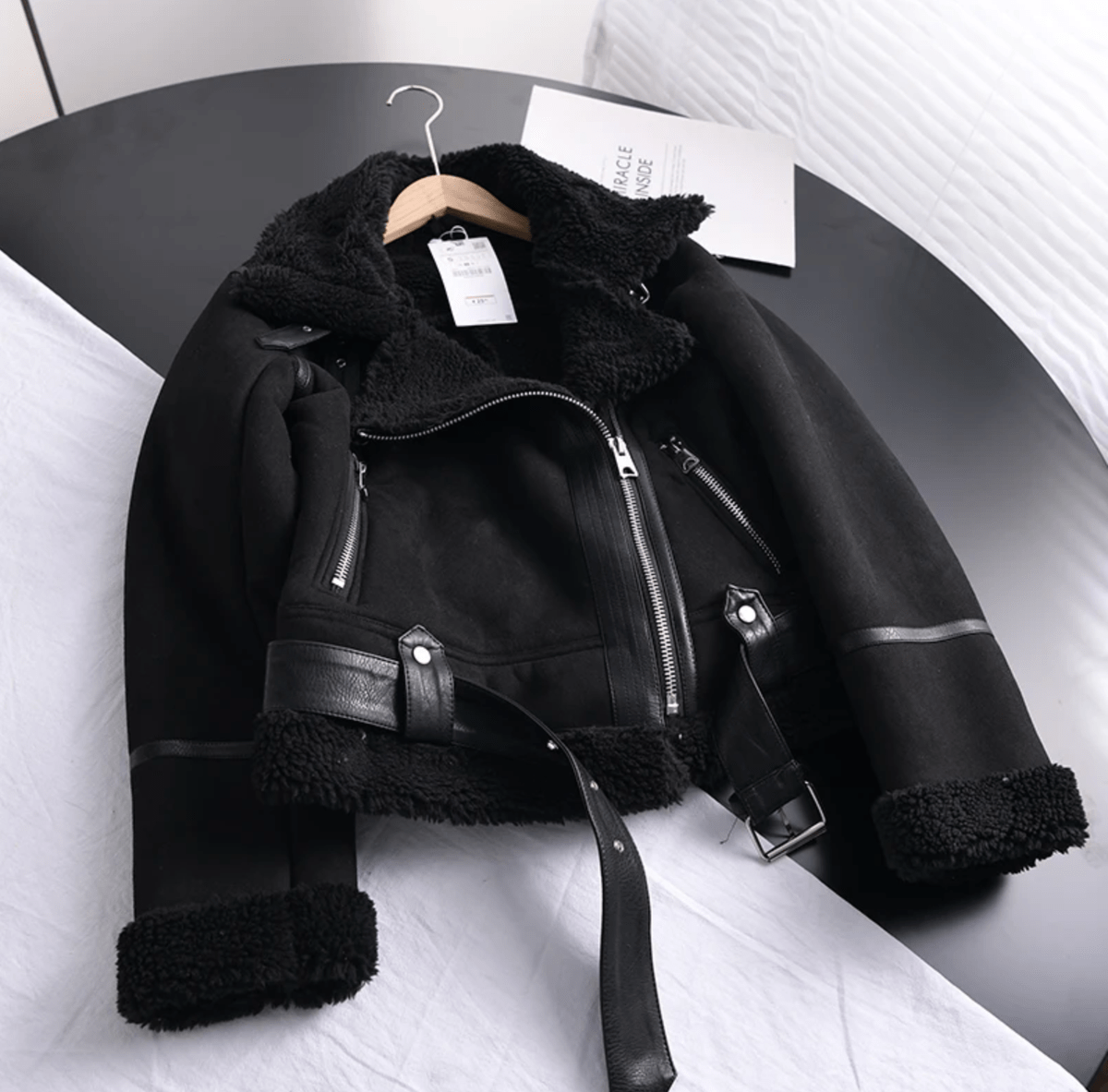 Women's Sherpa Lined Leather Jacket With Ribbed Cuffs