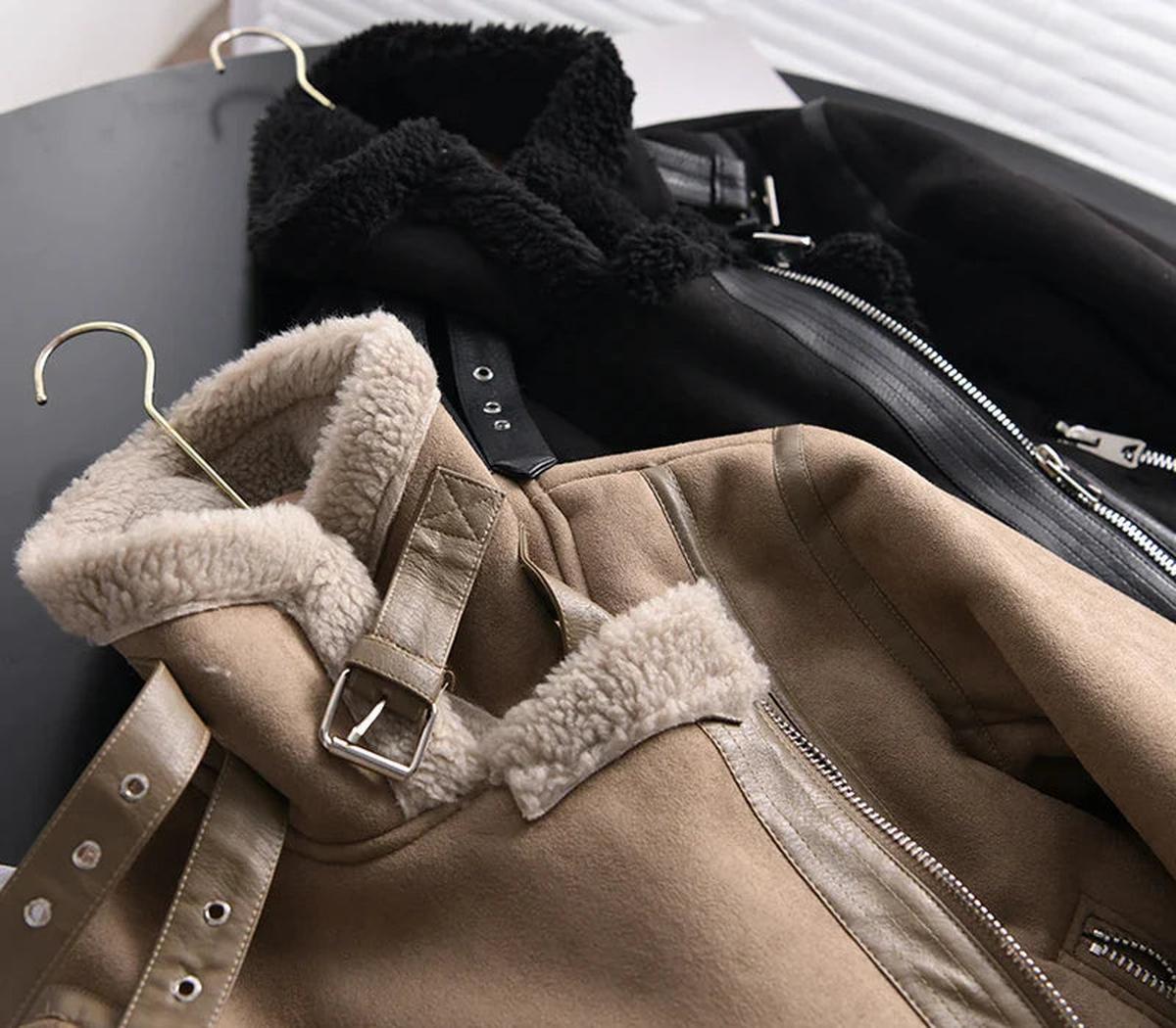 Women's Sherpa Lined Leather Jacket With Ribbed Cuffs