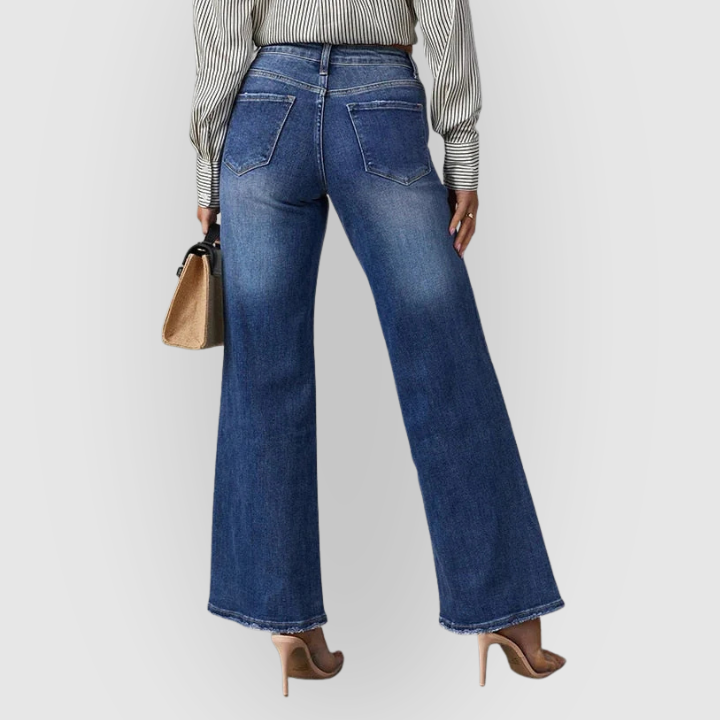 Women’s High-Waist Wide-Leg Jeans – Dark Blue Vintage Wash Denim
