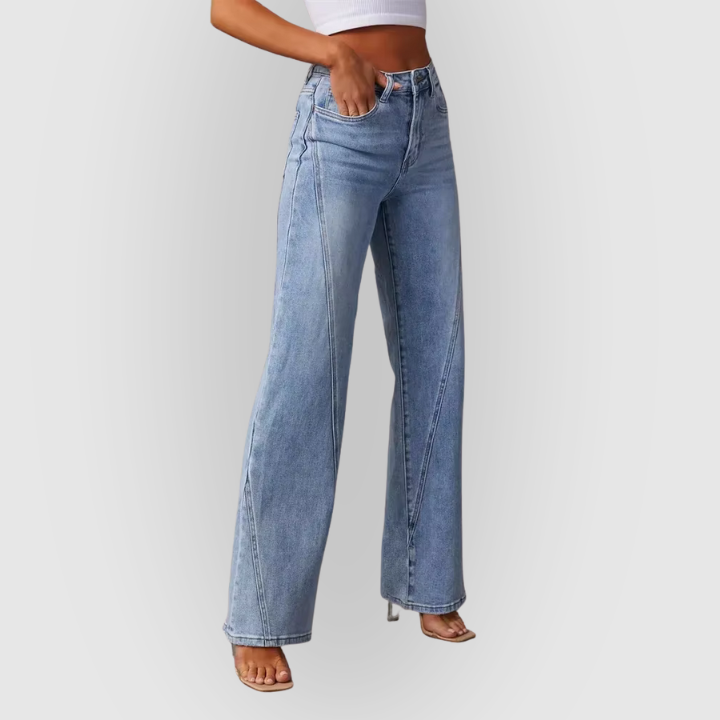 Women’s High-Waist Wide-Leg Jeans – Light Blue Seam-Detail Denim