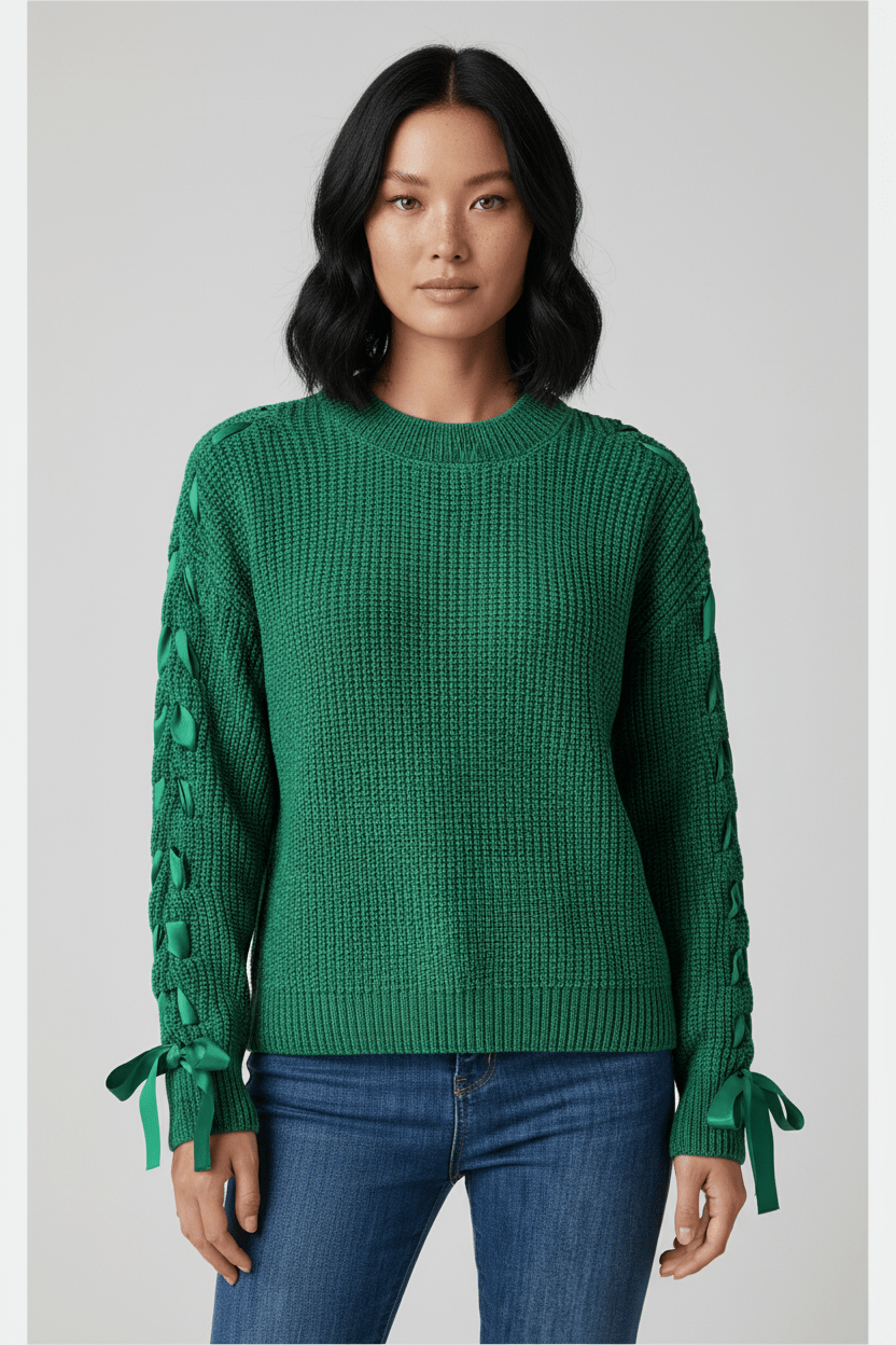 Women’s Relaxed Fit Ribbed Jumper with Lace-Up Sleeves