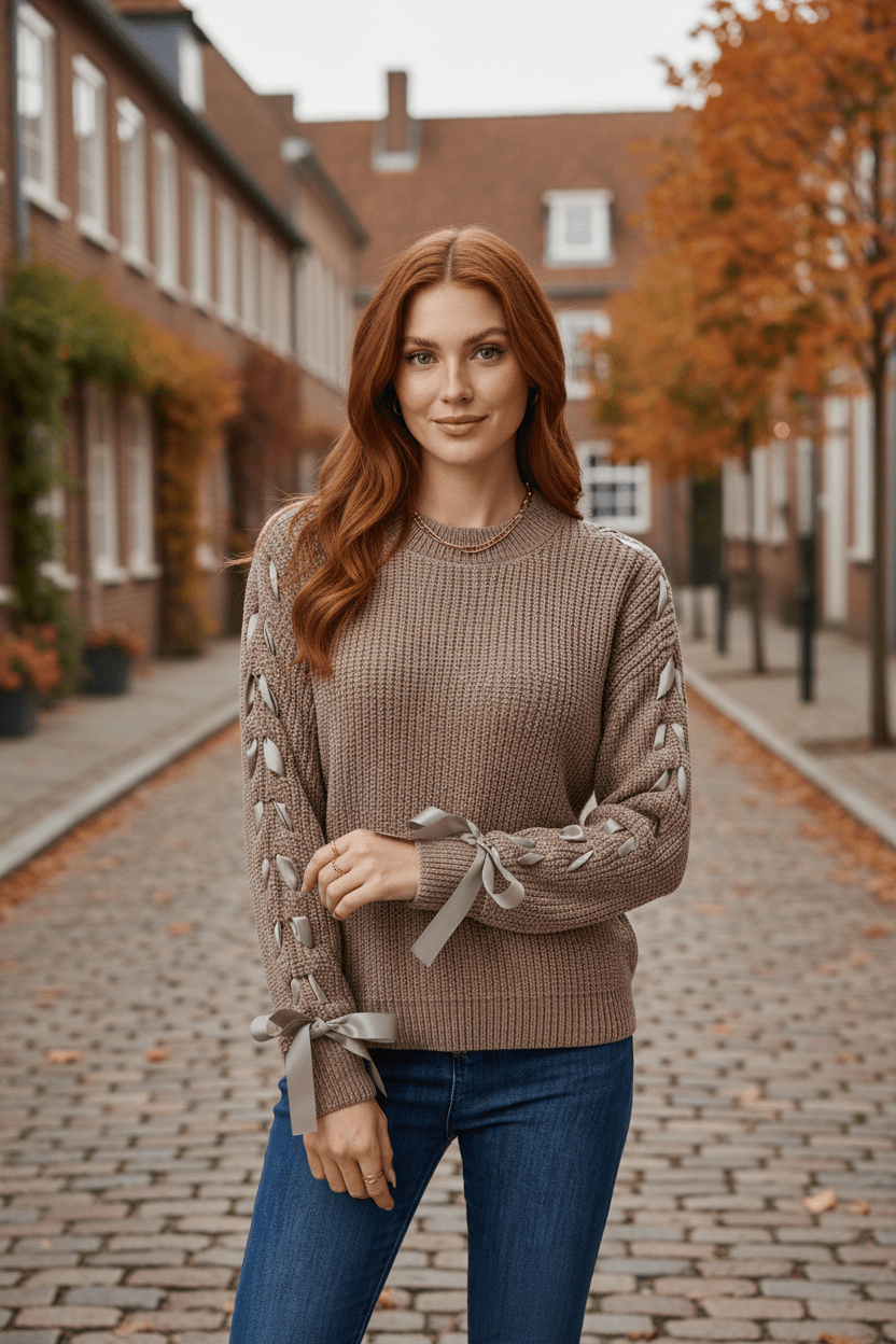 Women’s Relaxed Fit Ribbed Jumper with Lace-Up Sleeves