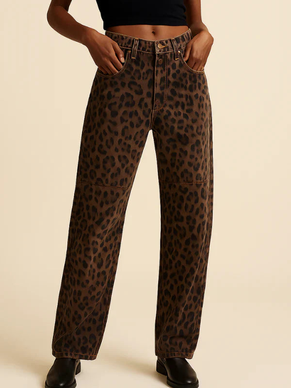 Women’s Wide-Leg Leopard Print Jeans – High-Waist Statement Trousers