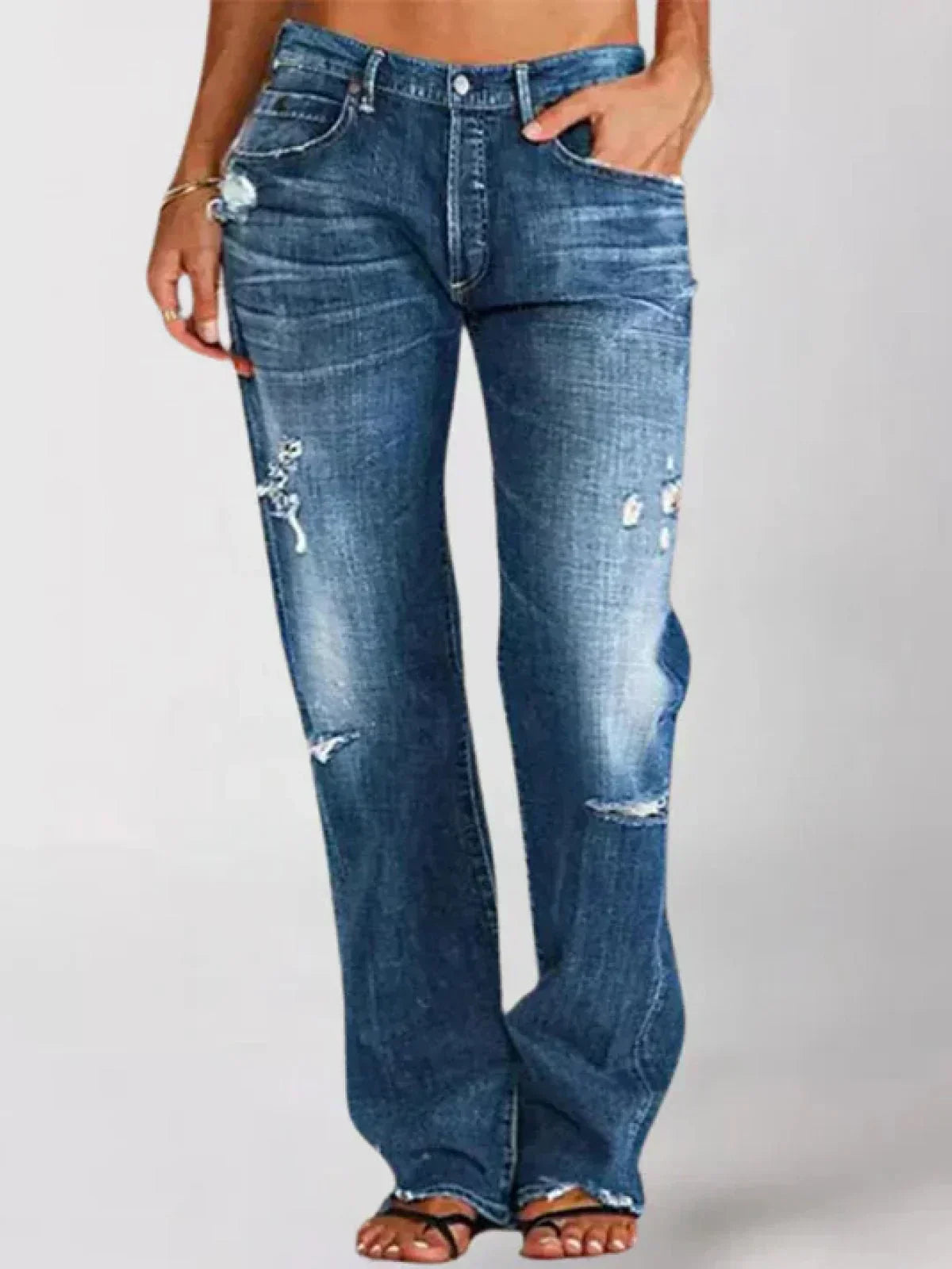 Women’s High-Waist Straight Leg Jeans – Distressed Vintage Blue Denim