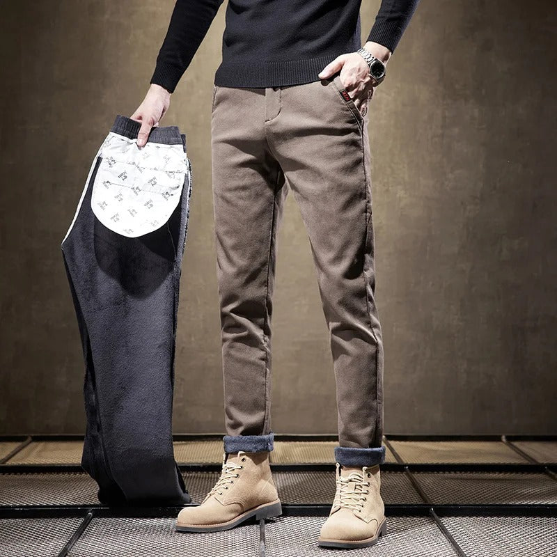 Men's Corduroy Fleece Work Trousers Slim Fit Warm Casual Style