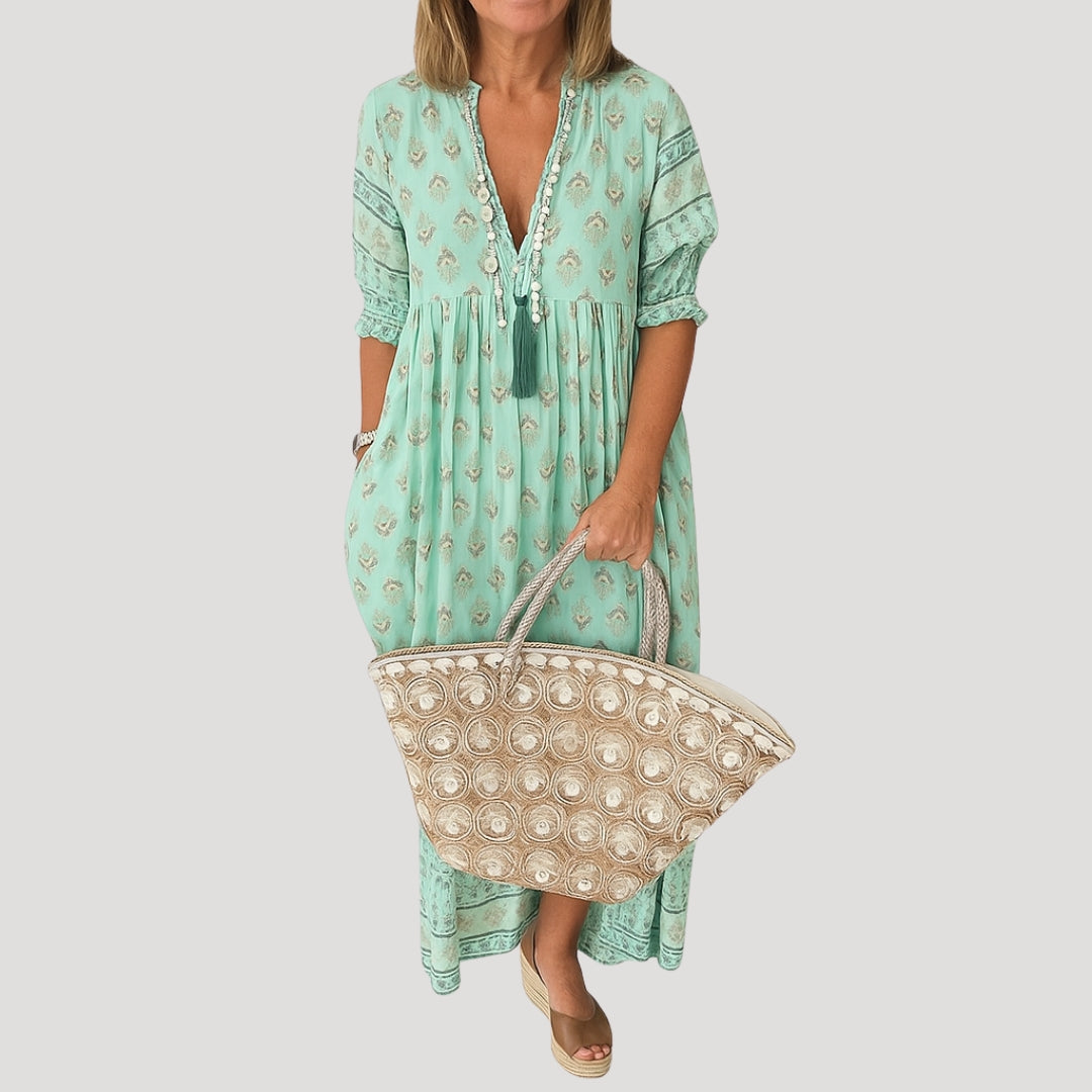Women's summer midi dress – boho beach style with pockets