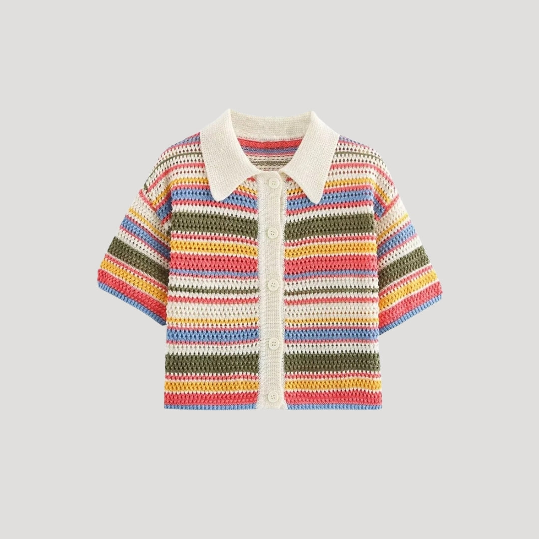 Striped crochet knit short-sleeve cardigan