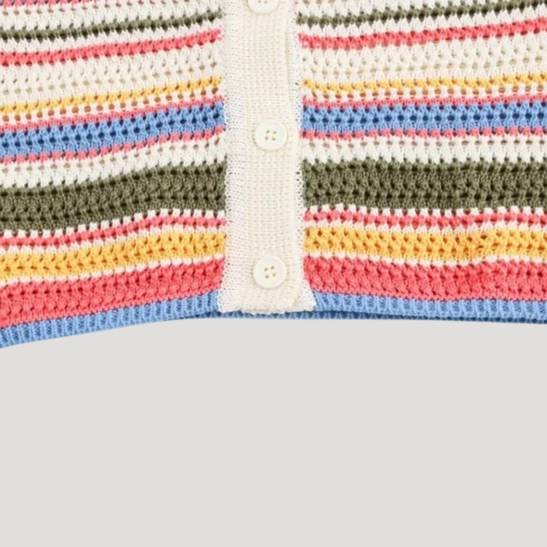 Striped crochet knit short-sleeve cardigan