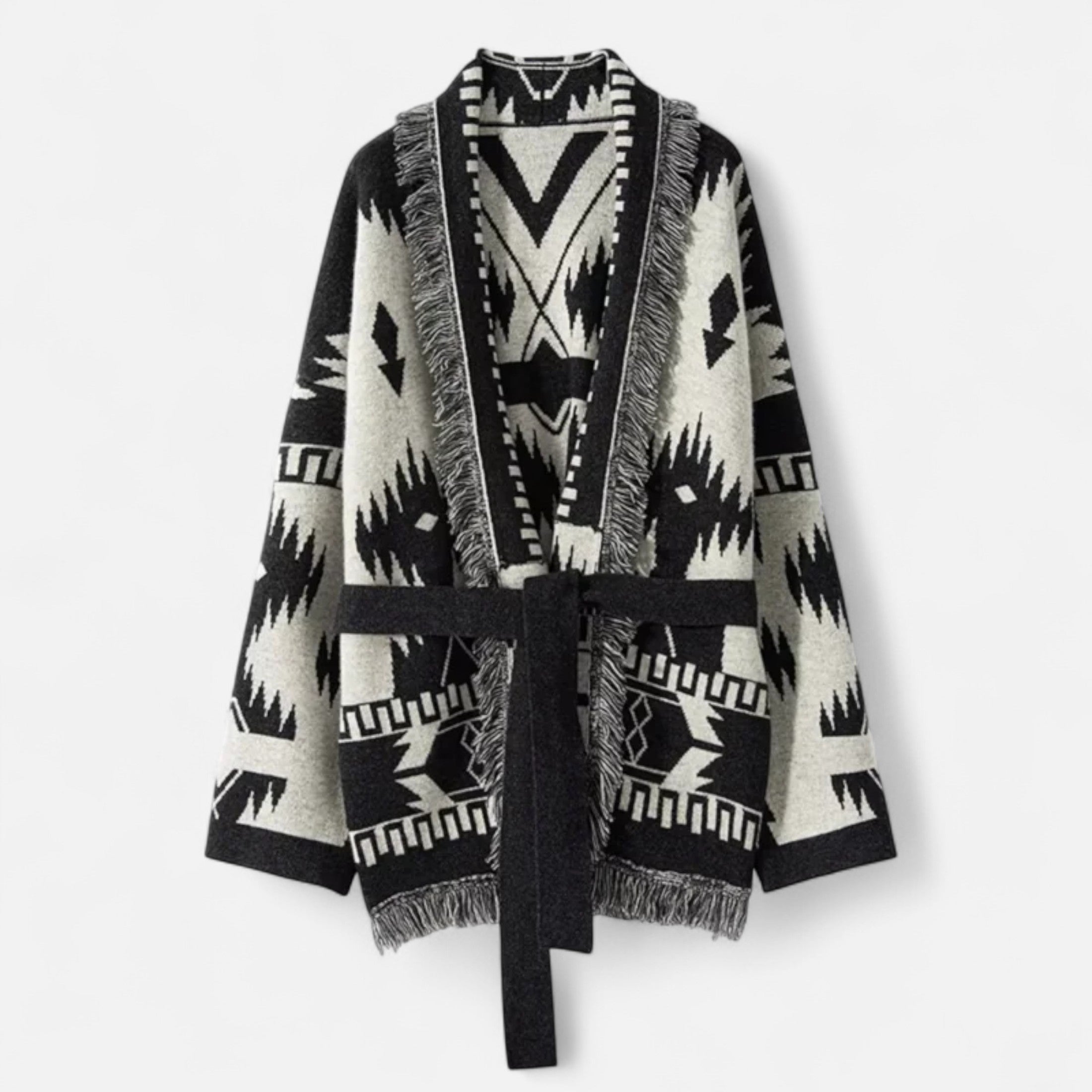 Women’s Belted Knit Cardigan – Aztec Pattern, Fringe Detail
