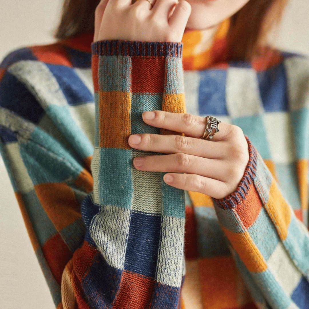 Women’s Soft Checkered Turtleneck Sweater – Cozy Retro Patchwork Knit
