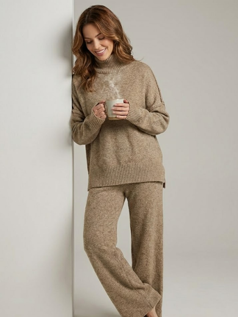 Women’s Knitted Loungewear Set – Roll Neck Jumper & Relaxed Trousers