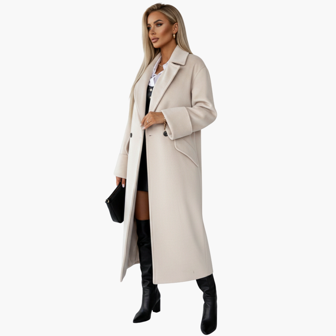 Women’s Long Wool-Blend Coat – Elegant Double-Breasted Winter Overcoat