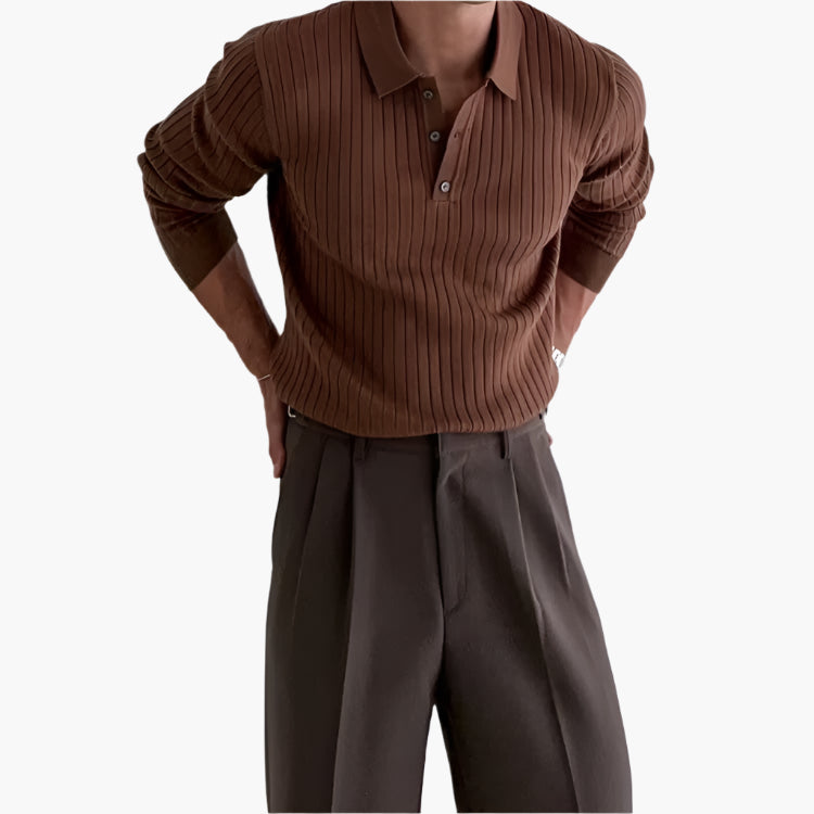 Men’s Ribbed Knit Polo – Slim Fit Long Sleeve Smart Casual Shirt