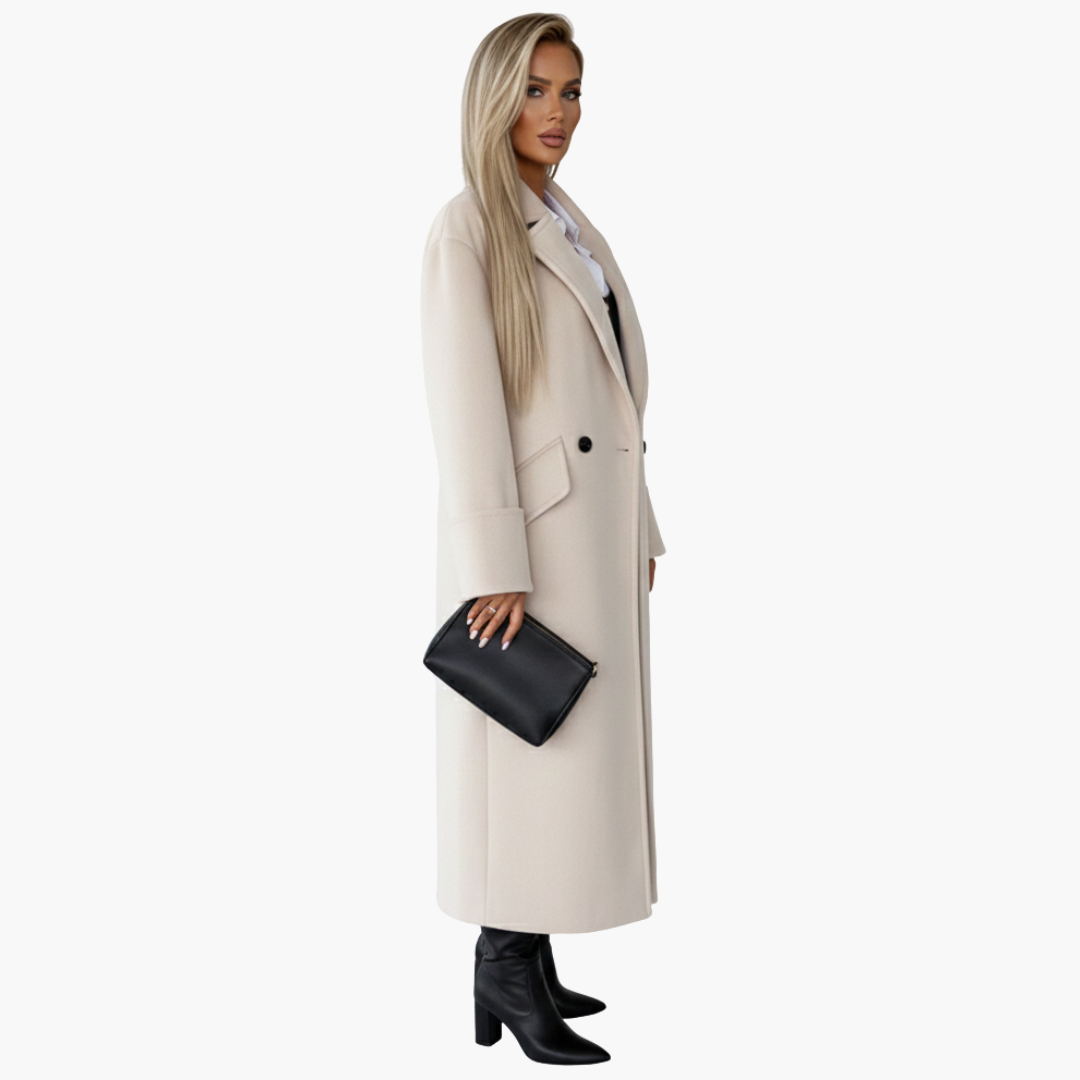 Women’s Long Wool-Blend Coat – Elegant Double-Breasted Winter Overcoat
