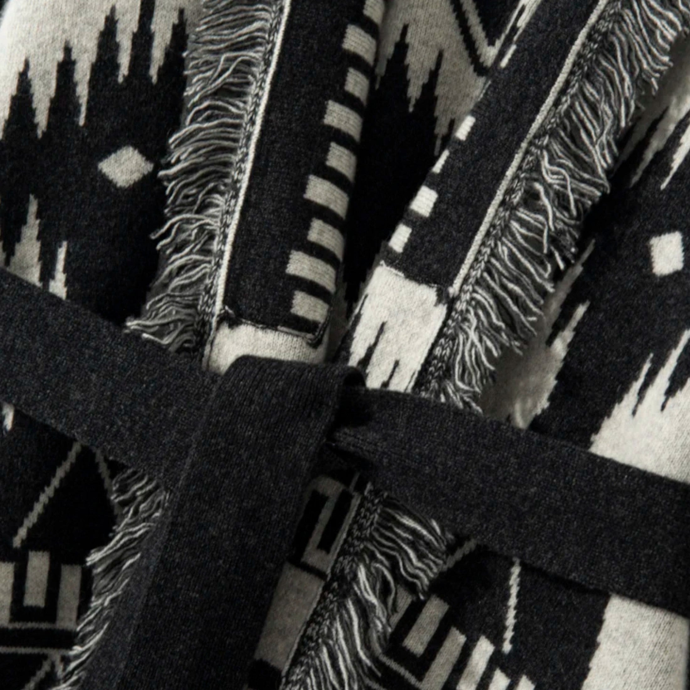 Women’s Belted Knit Cardigan – Aztec Pattern, Fringe Detail