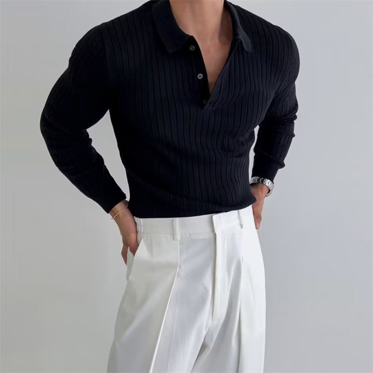 Men’s Ribbed Knit Polo – Slim Fit Long Sleeve Smart Casual Shirt