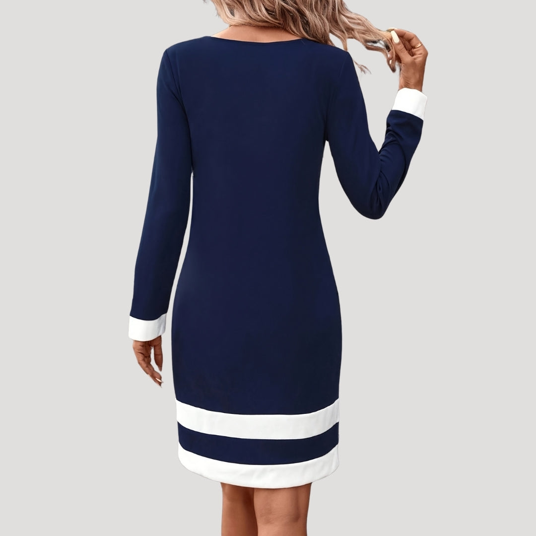 Women’s Elegant Contrast-Trim Shift Dress – Long Sleeve Edition