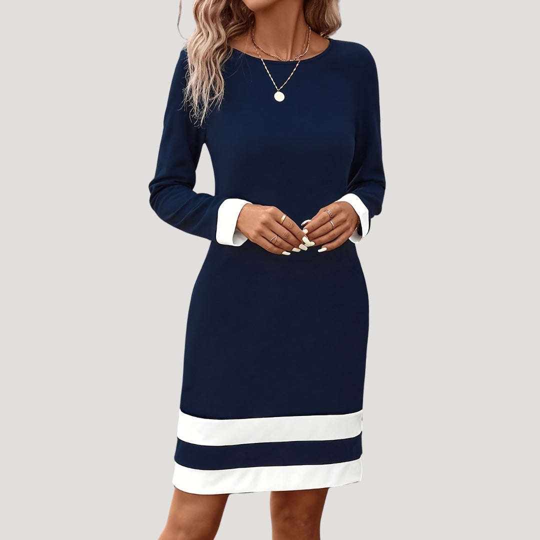 Women’s Elegant Contrast-Trim Shift Dress – Long Sleeve Edition