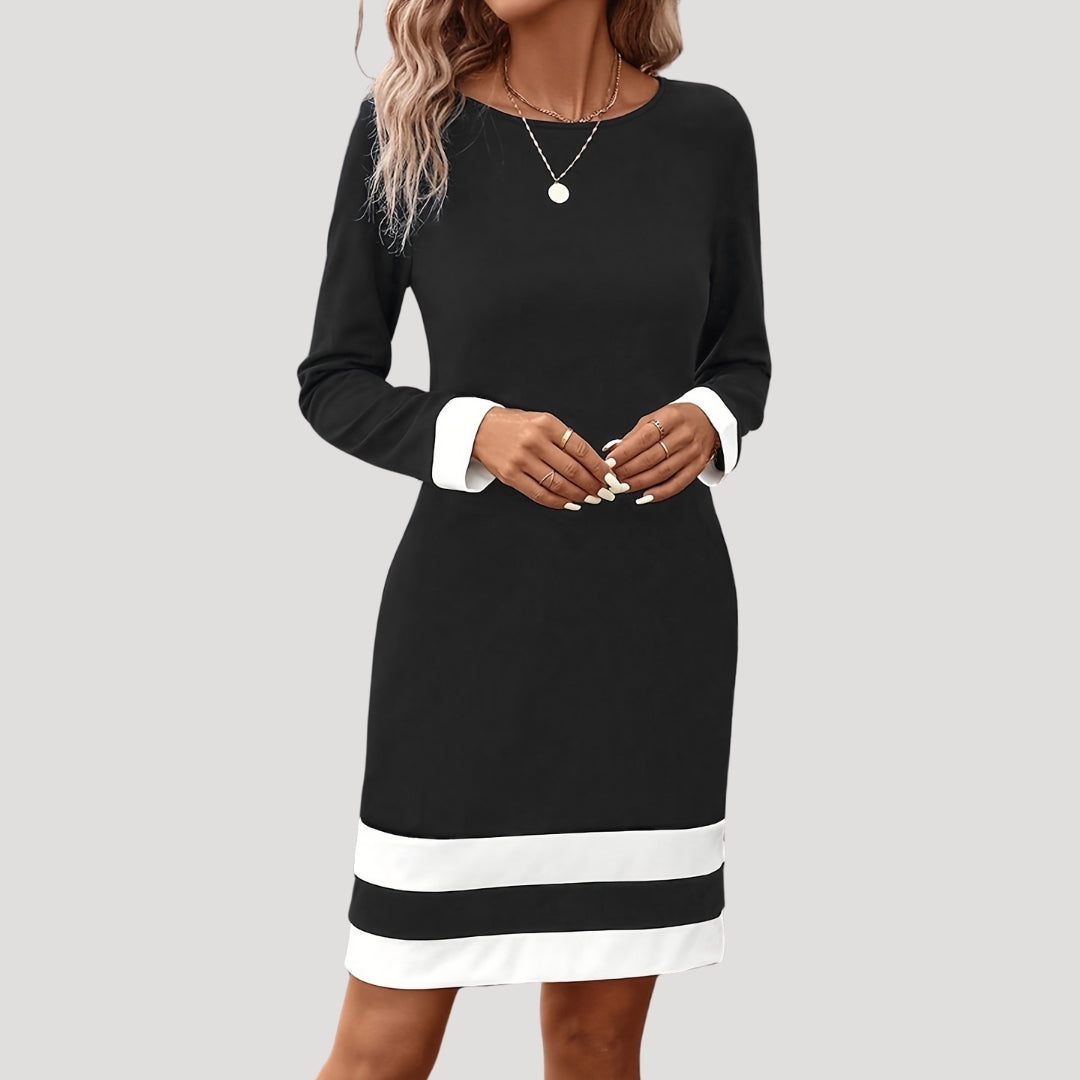 Women’s Elegant Contrast-Trim Shift Dress – Long Sleeve Edition