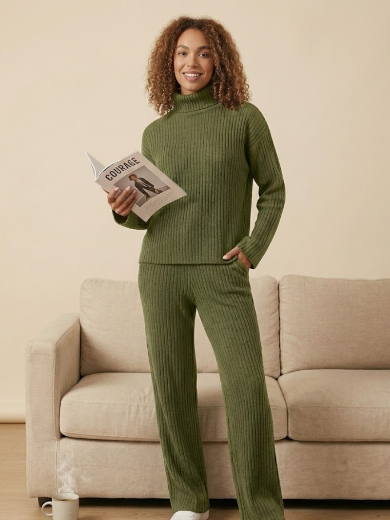 Women’s Ribbed Loungewear Set – Roll Neck Top & Straight-Leg Trousers