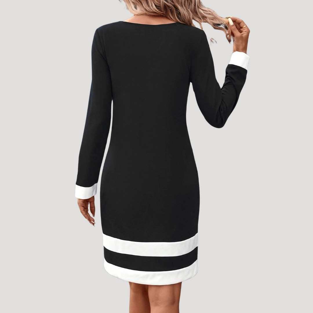 Women’s Elegant Contrast-Trim Shift Dress – Long Sleeve Edition