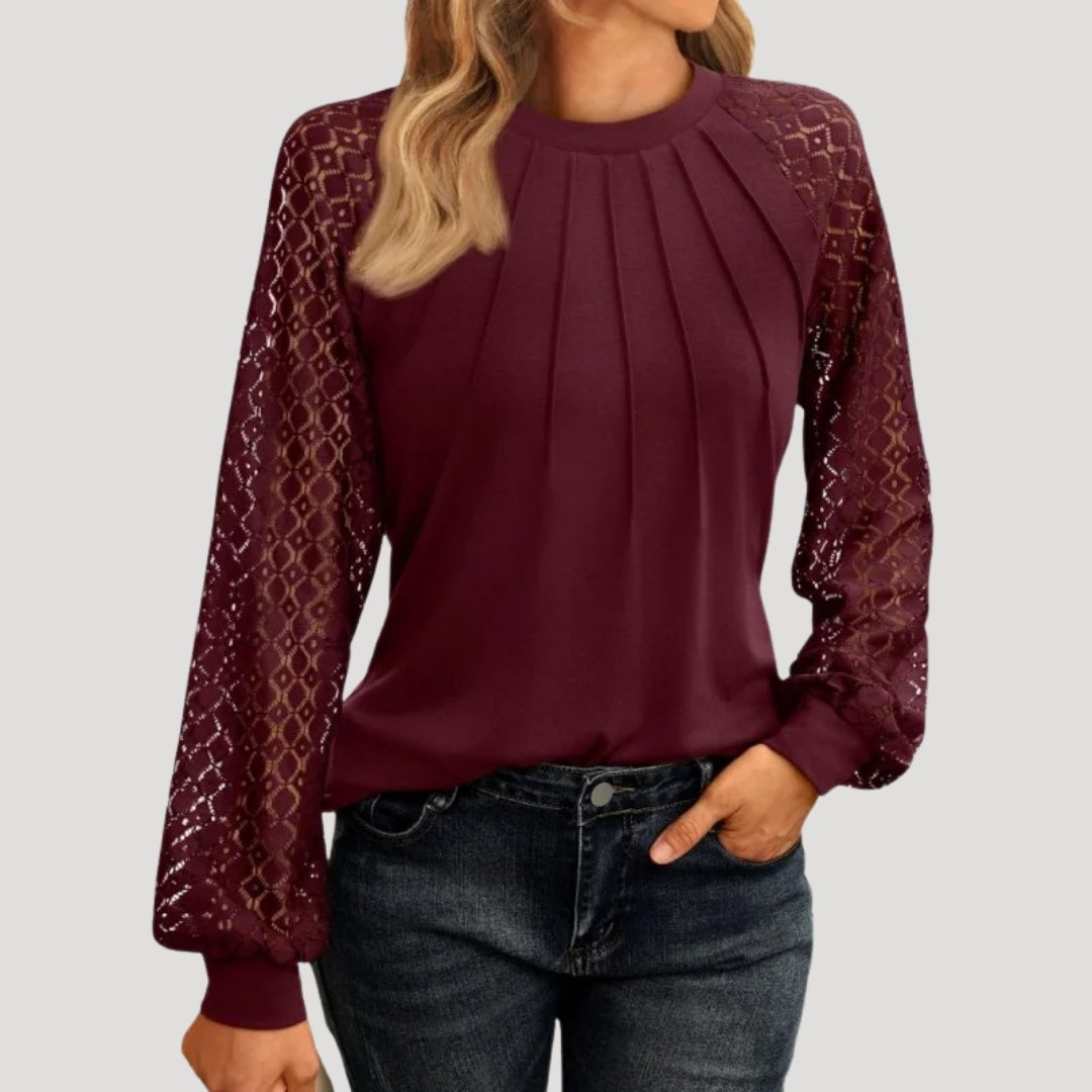 Blush Pink Blouse with Lace Sleeves & Pleated Front