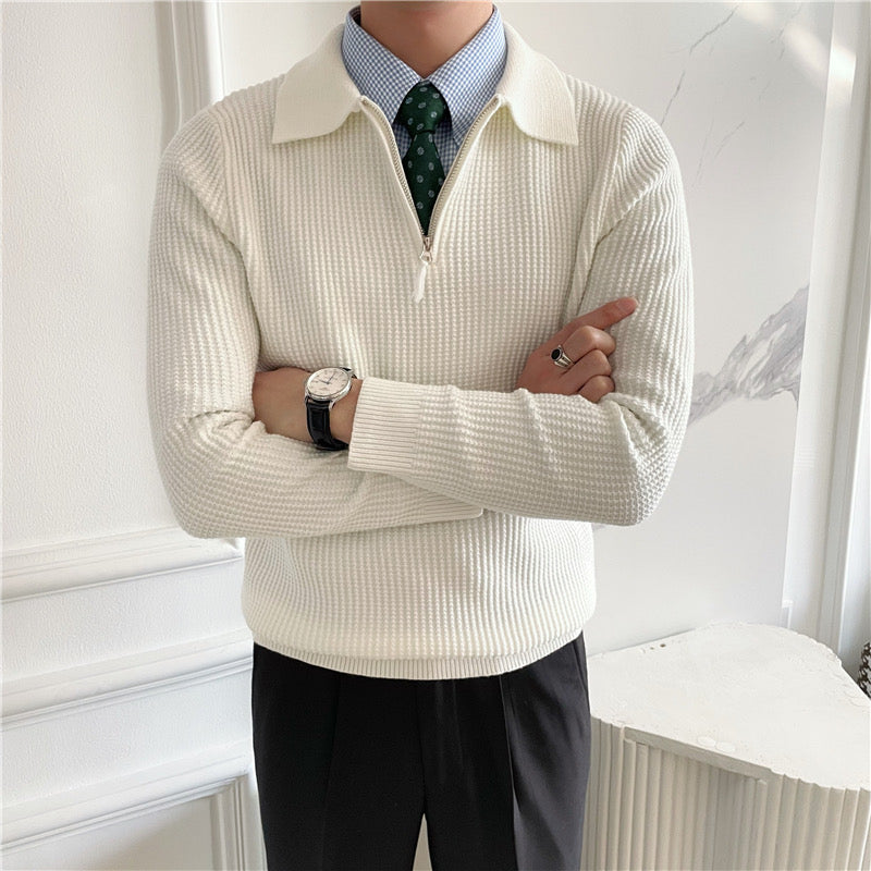 Men’s Half-Zip Polo Knit Sweater – Premium Textured Cotton Blend