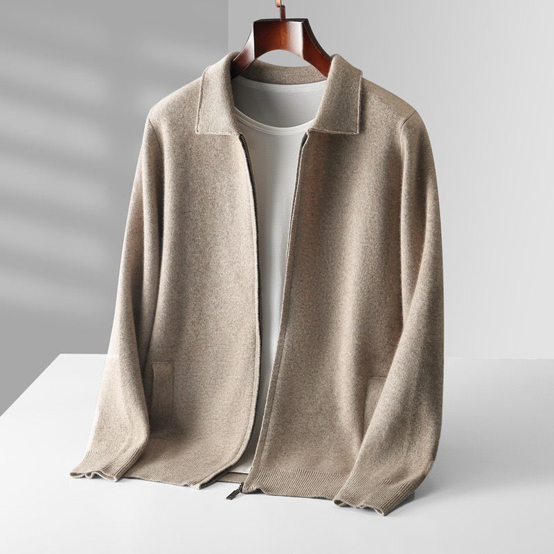Men’s Zip-Up Knitted Cardigan – Soft Wool Blend with Classic Collar